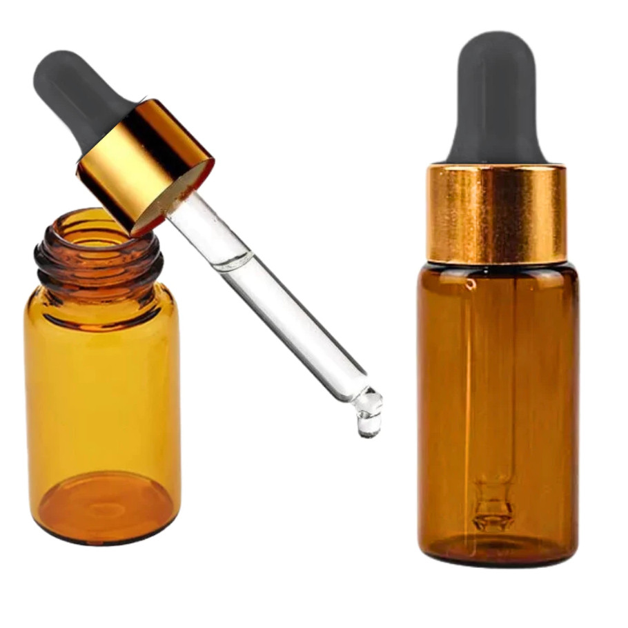50 Frascos Conta Gotas 5ml Vidro Âmbar Luxo Bulbo e Canula Tampa Dourada Bulbo Preto Óleo Essencial