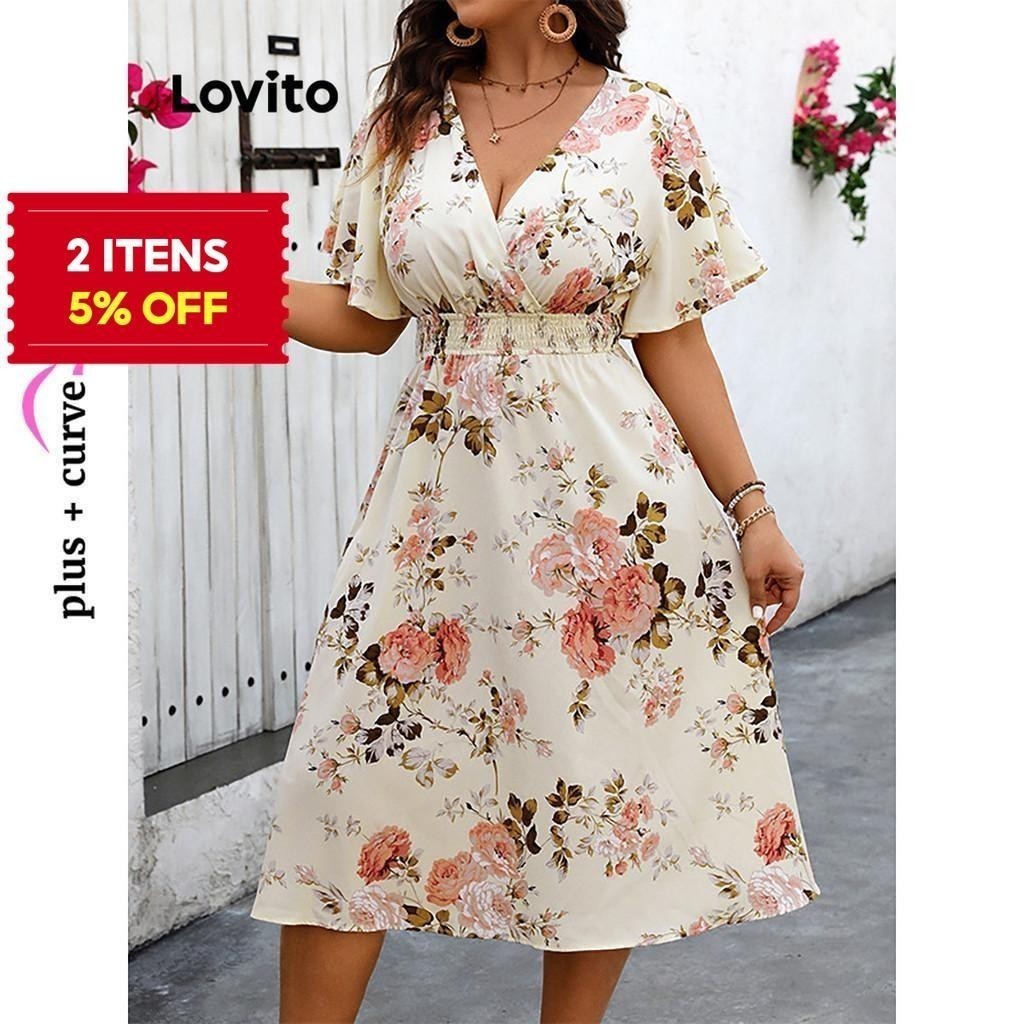 (Trendy) Lovito Vestido Curva Plus Size Elegante Vestido Com Estampa Floral Ditsy Para Mulheres LNL69102 em Oferta na Shopee