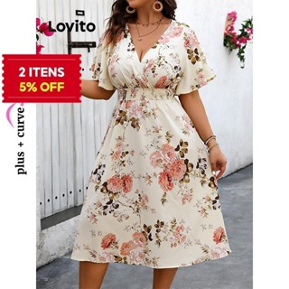 (Trendy) Lovito Vestido Curva Plus Size Elegante Vestido Com Estampa Floral Ditsy Para Mulheres LNL69102 em Oferta na Shopee