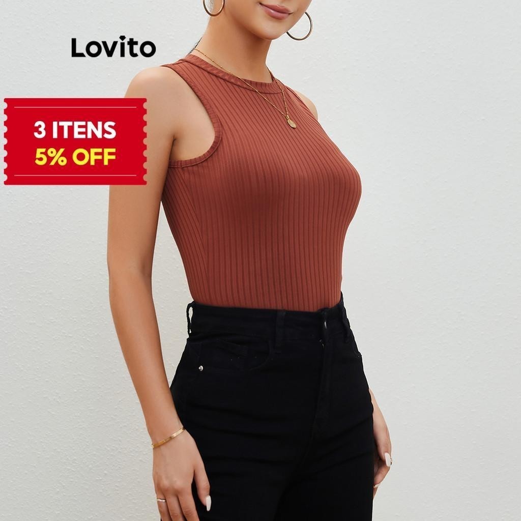 (Trendy) Lovito Regata Lisa Sem Mangas Com Gola Alta Regata Básica Para Mulheres L20D173 (Marrom/Preto/Cáqui) - Women Clothes