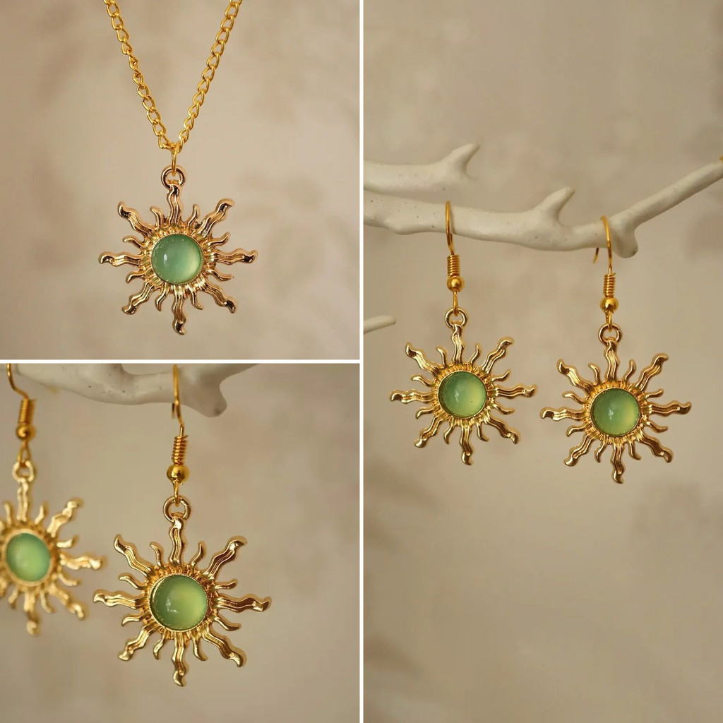 Colar e Brinco Sol Dourado Pedra Verde Feminino Boho Moda Verão Presente