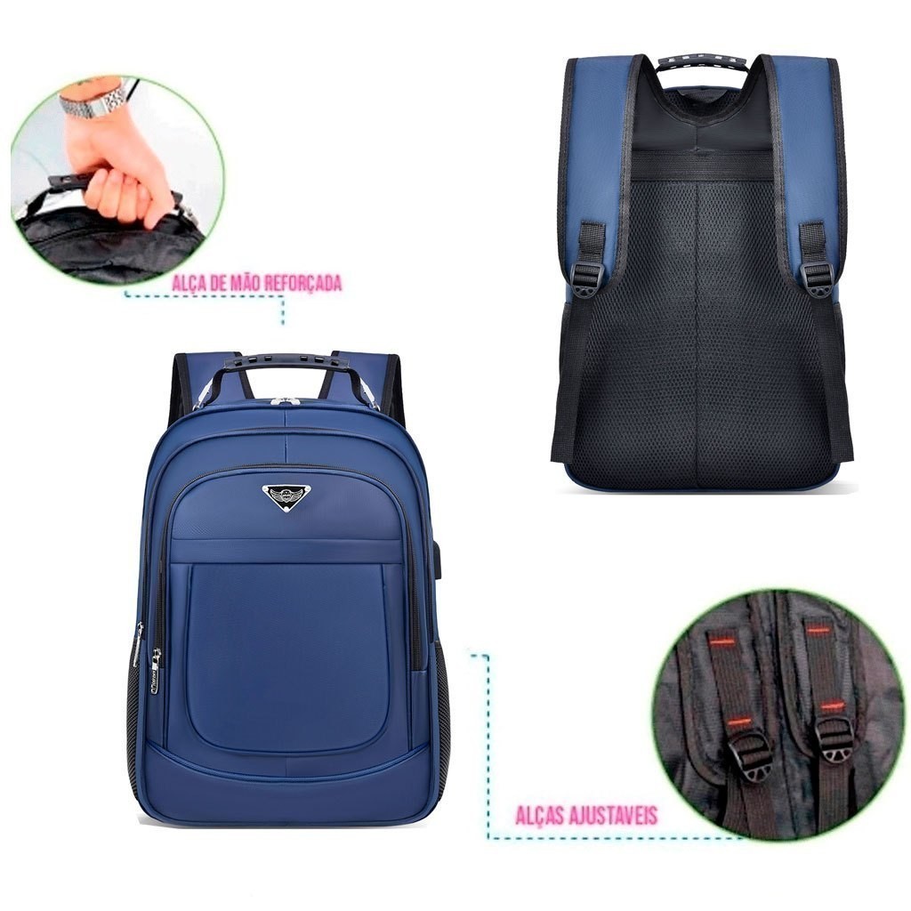 Mochila Preta para Notebook com Múltiplos Compartimentos 3 bolsos e Grande Espaço - Unissex
