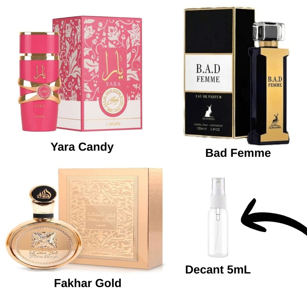 Kit Perfumes 5mL Floral Sedutor - Fakhar Gold + Bad Femme + Yara Candy