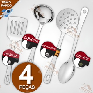 Kit Utensílios Para Cozinha 4 Peças Em Aço Inox Colher De Arroz Escumadeira Concha Restaurante Casa em Oferta na Shopee