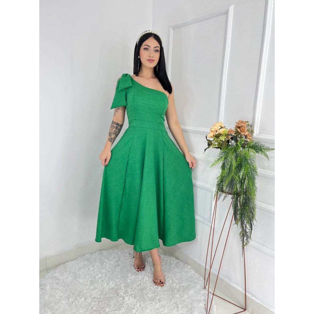 Vestido midi liso duna linho com laço um ombro 8197