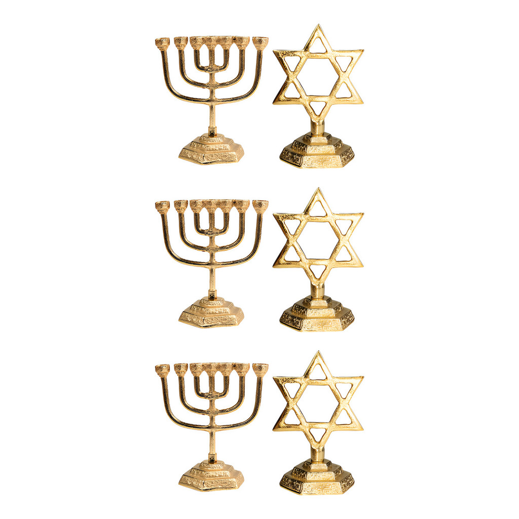 Kit 3 Menorá Israel 10cm Dourado + 3 Estrela De Davi 10cm Judaico