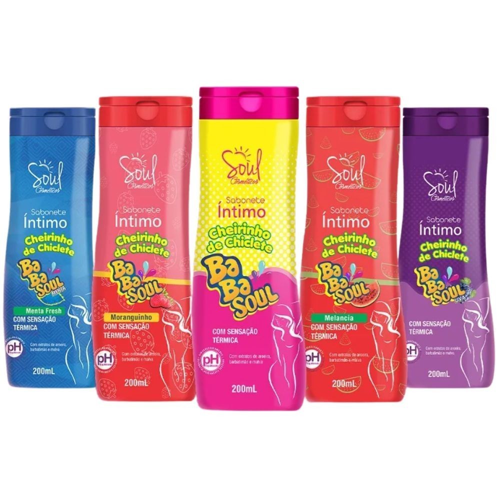 Kit 5 Sabonete Íntimo (mix) Cheirinho de Chiclete Babasoul Soul Cosméticos 200ml