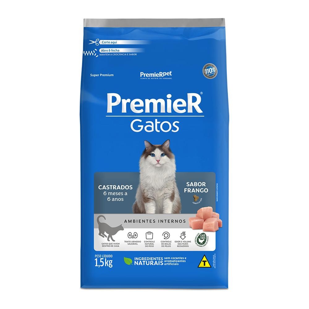 Ração Premier Gatos Ambientes Internos Frango 1.5 Kg Para Gatos Castrados De 6 Meses A 6 Anos