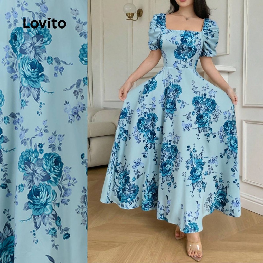 Lovito Vestido Boho Retrô com Franzido e Barra de Babados Vestido Azul Primavera/verão para mulheres LBL27221