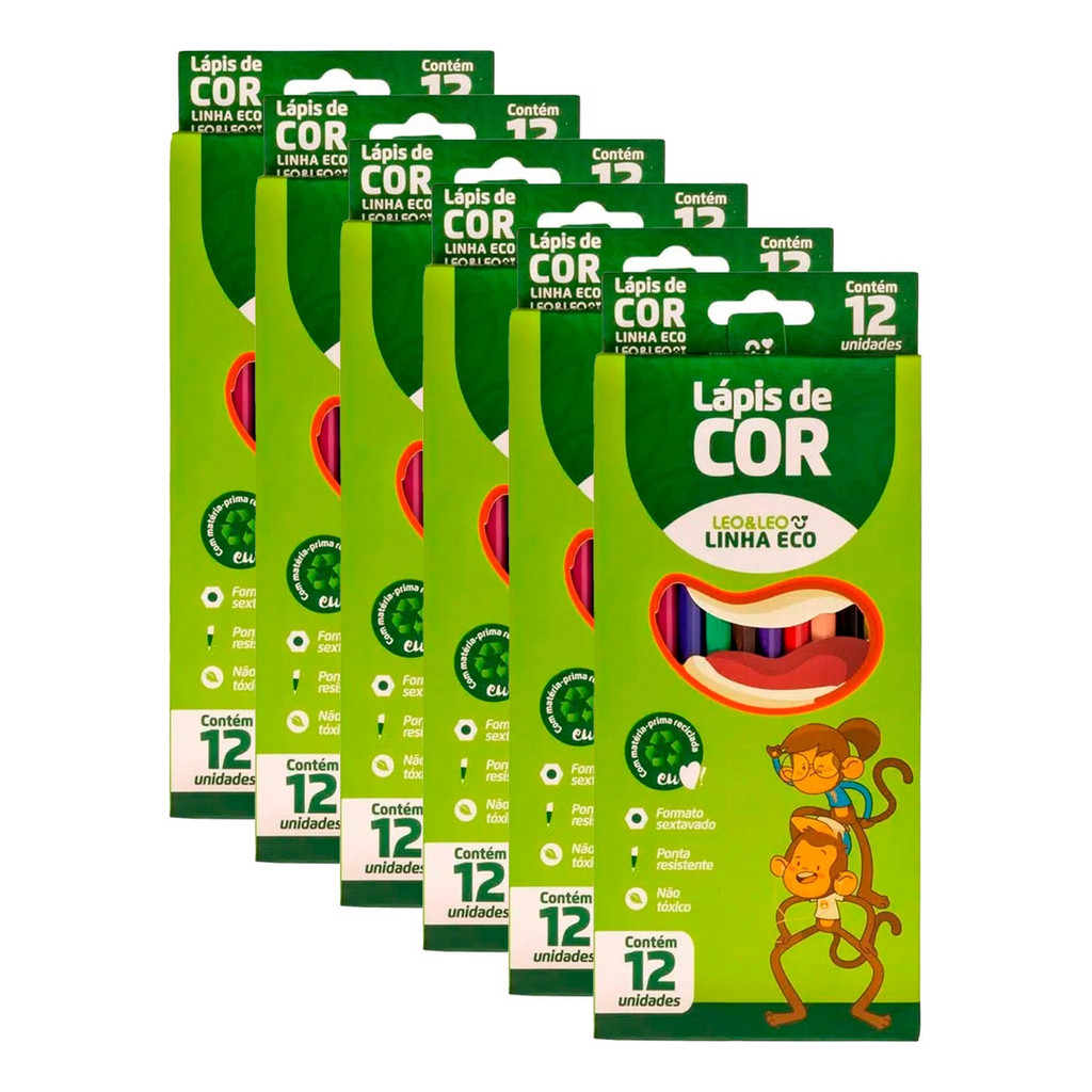 Kit 10 Caixas Lápis De Cor 12 Cores Grande Leo Eco Atacado