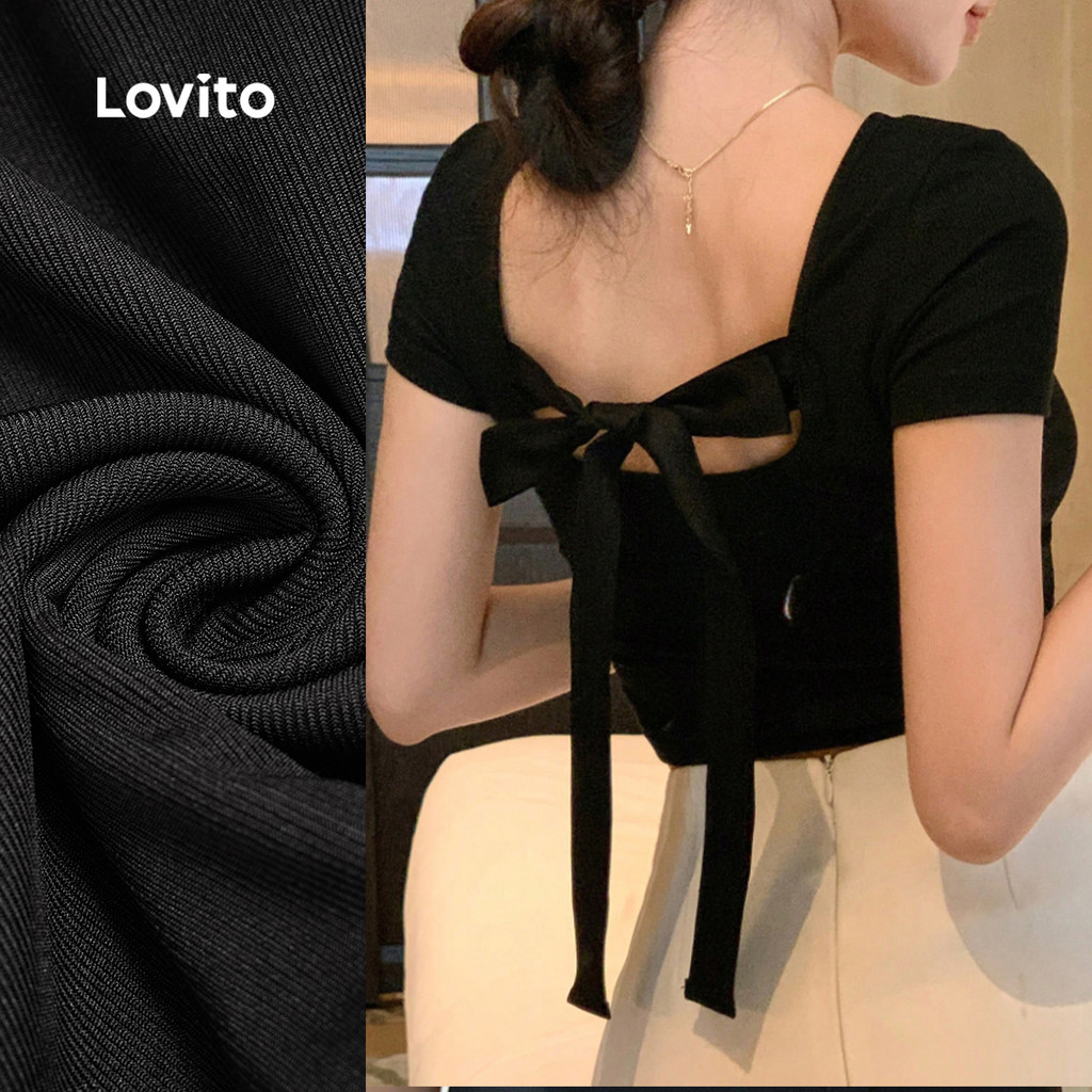 (New) Lovito Camiseta Elegante Sem Costura com Laço Na Costa para Deslocamento Primavera/verão Preto L143ED470 em Oferta na Shopee