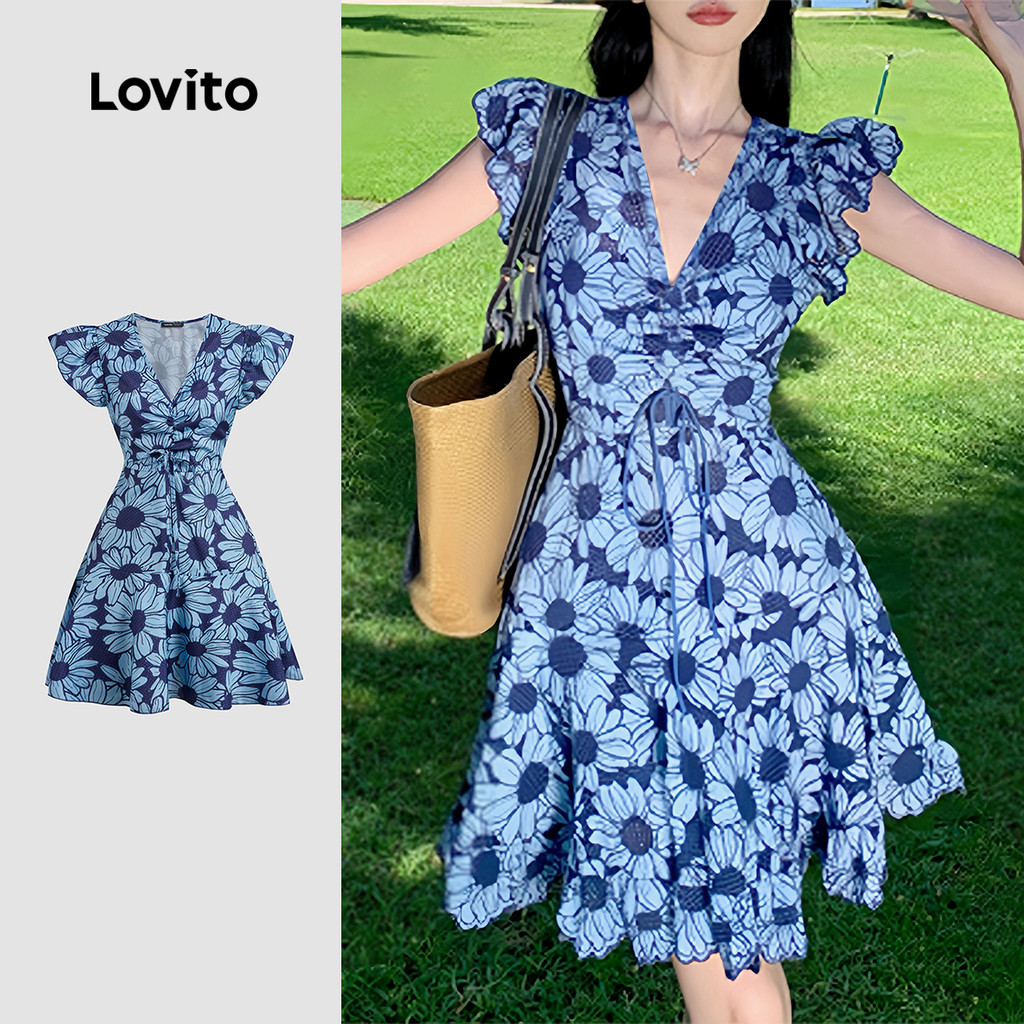 (New Lovito) Vestido Elegante de Flores Primavera/verão para Mulheres L143ED591 em Oferta na Shopee