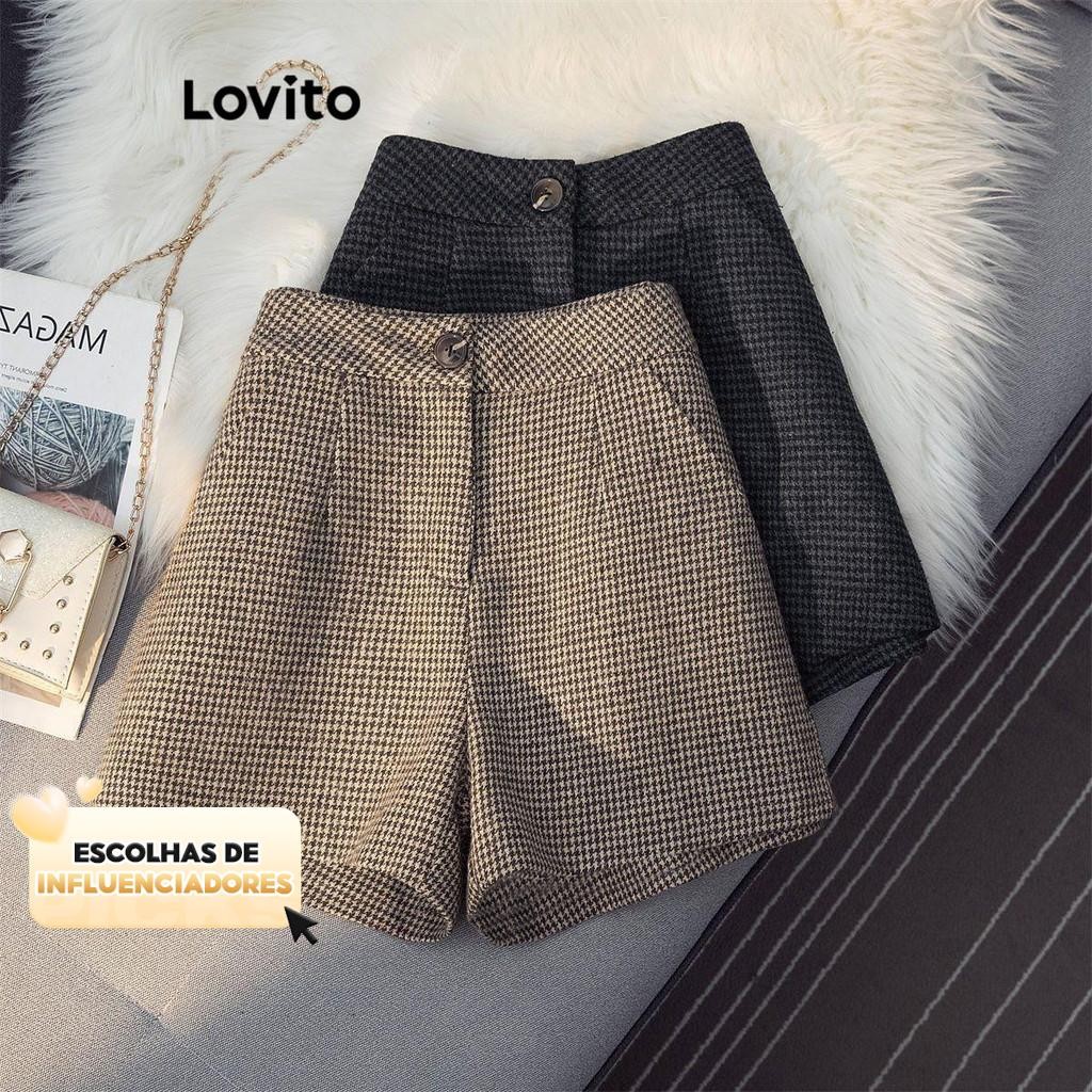 (KOL‘s pick) Lovito Shorts Casuais Com Botões Lisos Para Mulheres LNL61123 em Oferta na Shopee
