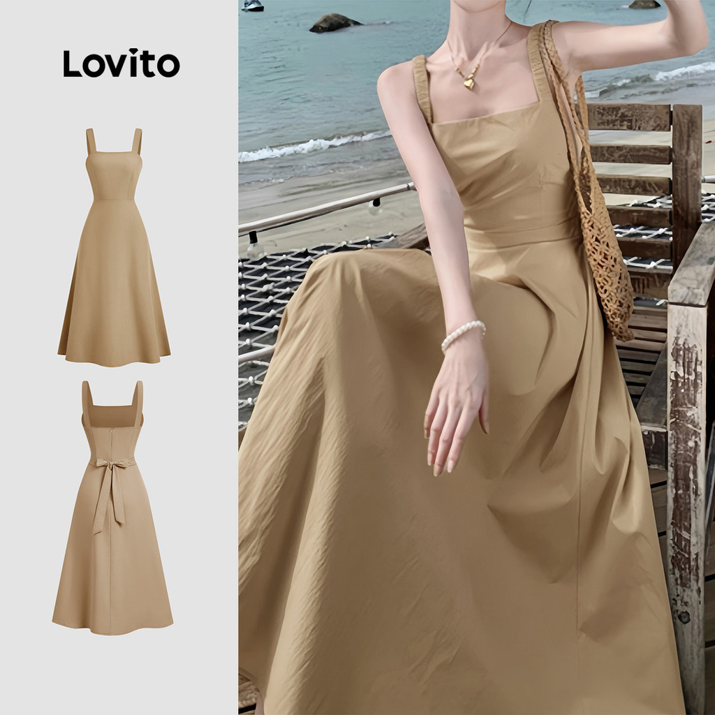 (New) Lovito Vestido Casual de Renda com Amarração para Primavera/verão em Bege para mulheres L142ED110 em Oferta na Shopee