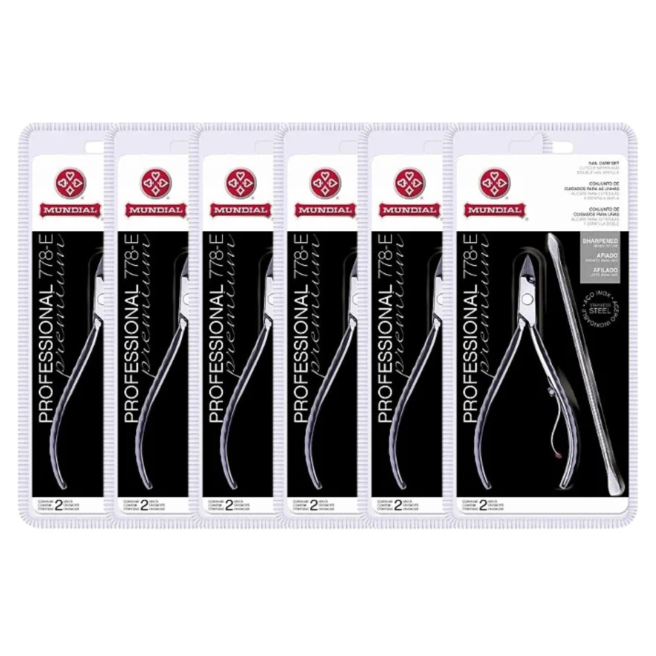 KIT 6 ALICATES CUTICULAS 778-E COM ESPATULA DUPLA PROFESSIONAL PREMIUM INOX MUNDIAL