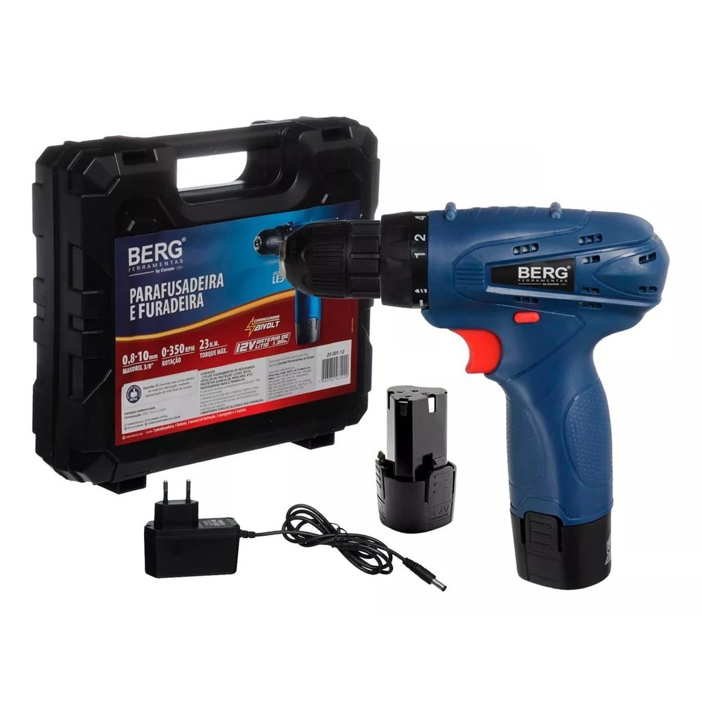 PARAFUSADEIRA/FURADEIRA 10MM MANDRIL 3/8 BATERIA DE LITIO 12V BIVOLT BERG 20.001.12