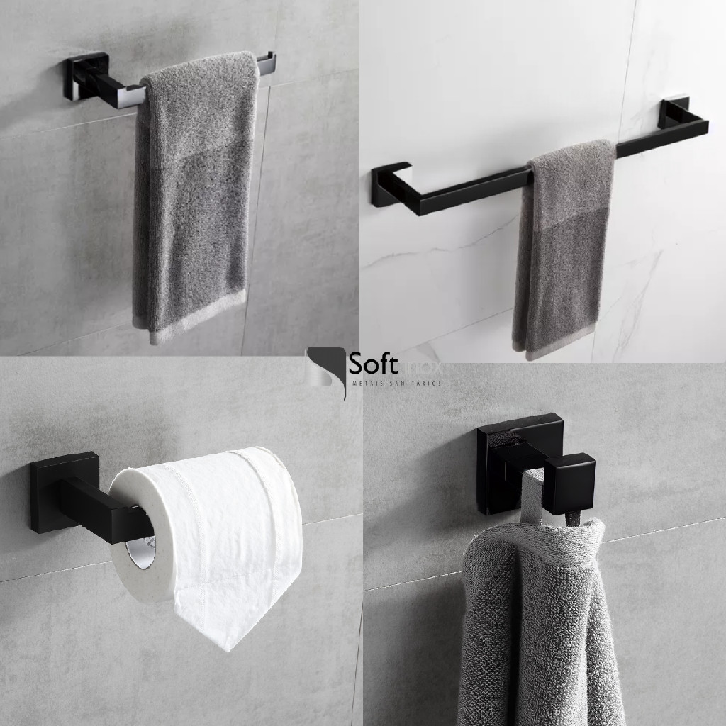 Kit Acessórios Para Banheiro Aço Inox 4 Peças - Preto