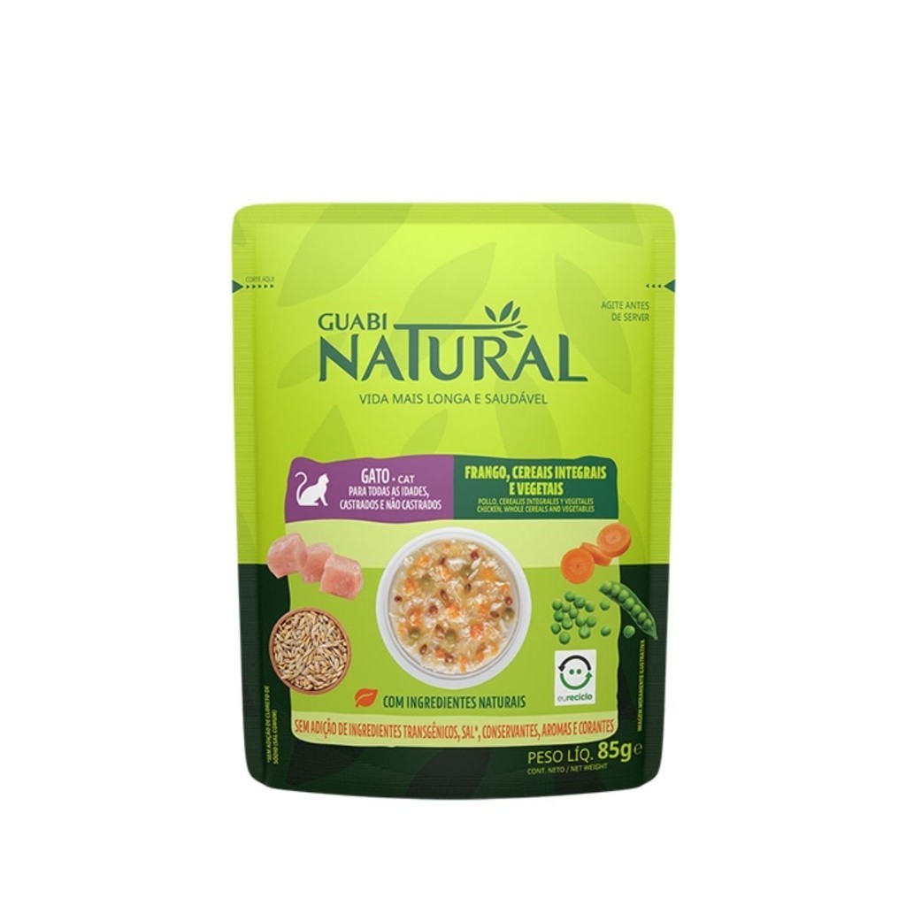 Ração Úmida Guabi Natural Gatos Castrados Frango Cereais e Vegetais Sachê 85g