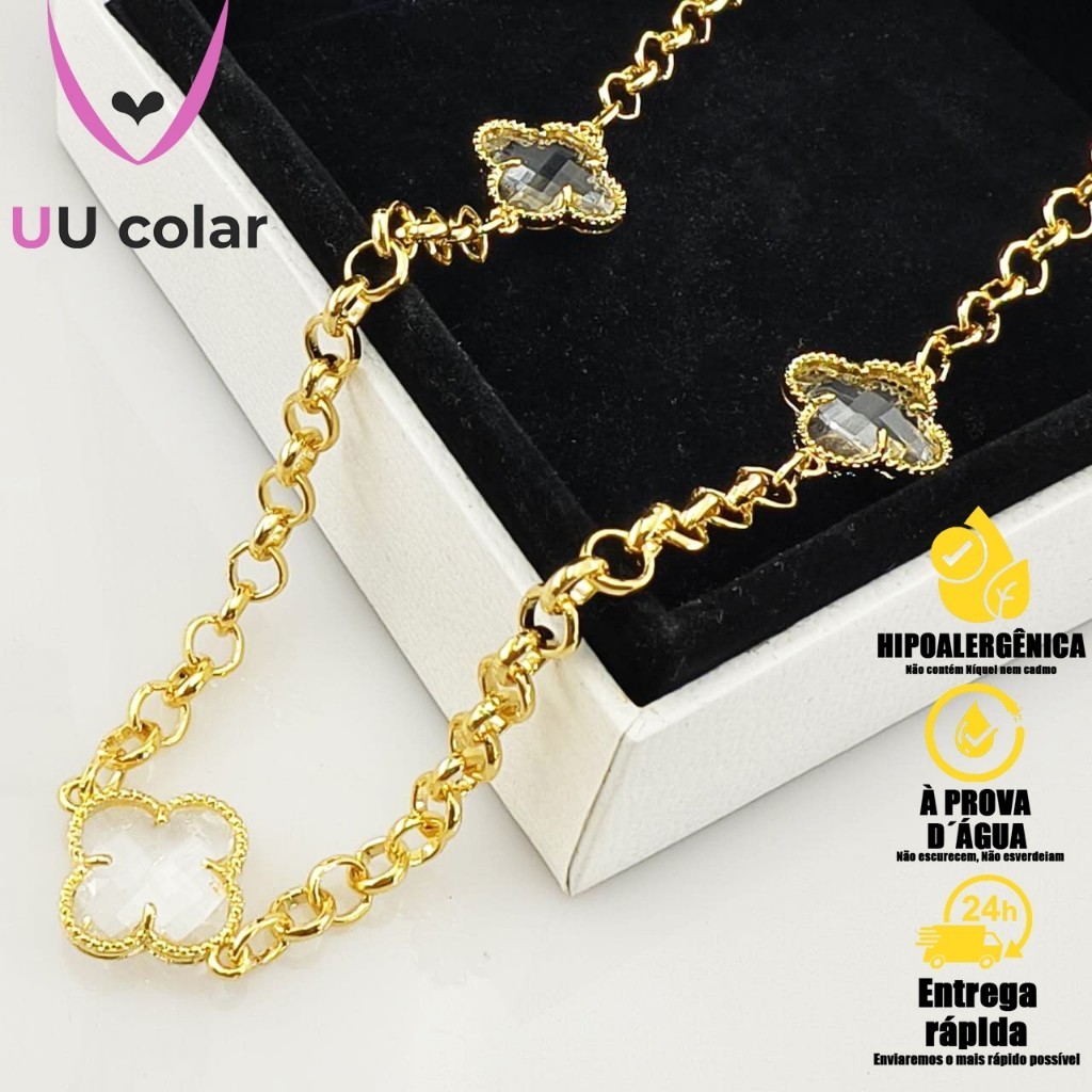 Choker Delicado com Trevos Incolores - Feminino, Banhado a Ouro 18K ou Prateado, Antialérgico