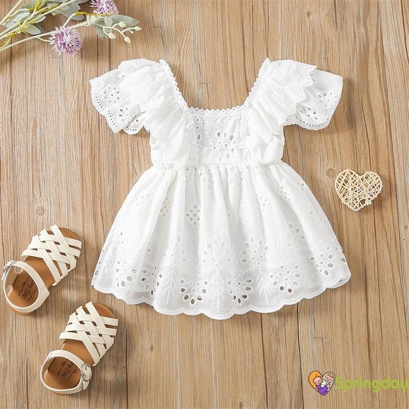 Vestido de Manga Curta para Infantil Bebês Meninas cor Sólida com Babados e Vazados,0-18 M...