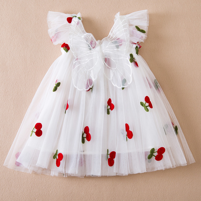 Lindo Vestido Borboleta Bebê Com Asas | De Verão Cereja Bordado Para Meninas