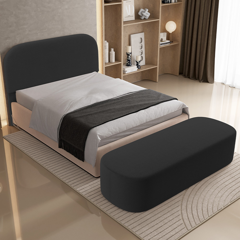 Cabeceira Cama Box Casal 160cm Lanna com Puff Recamier Doha W01 Bouclê Preto - Lyam Decor