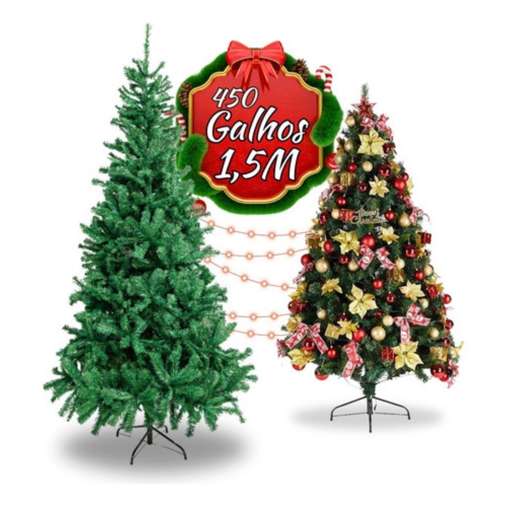 Árvore De Natal Pinheiro Grande Luxo Cheia Premium 1.50m 450 Galhos Verde Tradicional