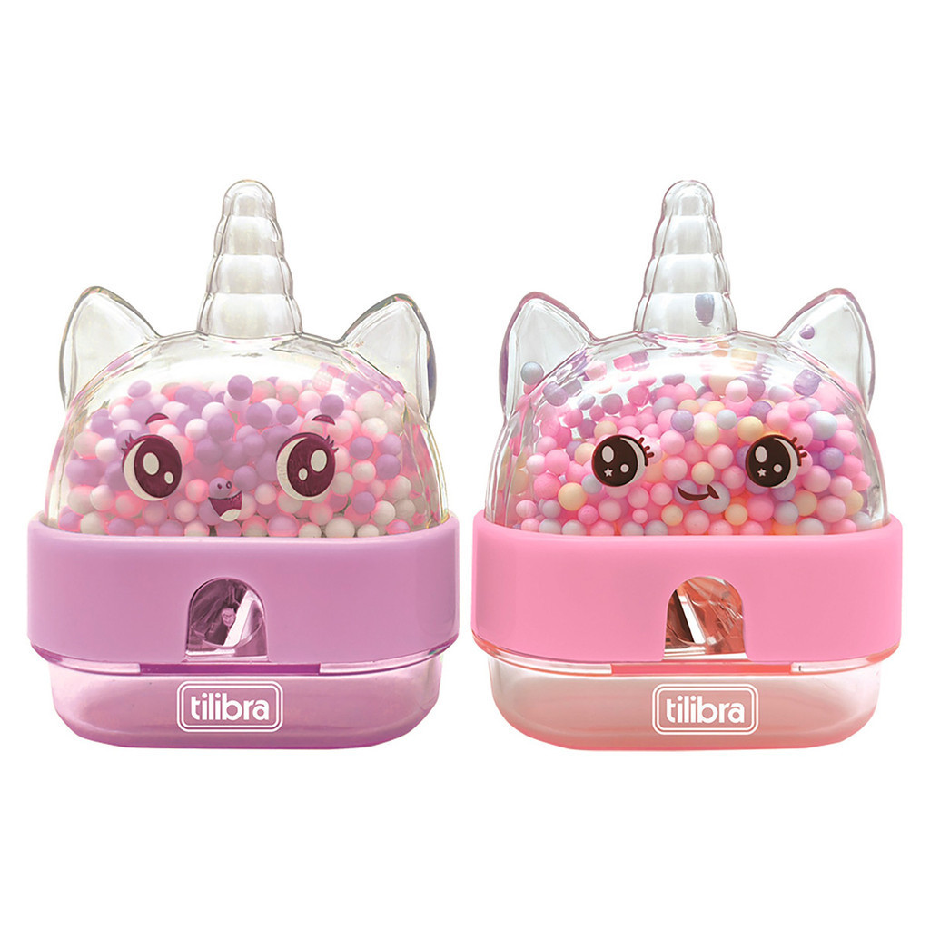 Apontador com Depósito Unicórnio Rosa e Lilás com Bolinhas