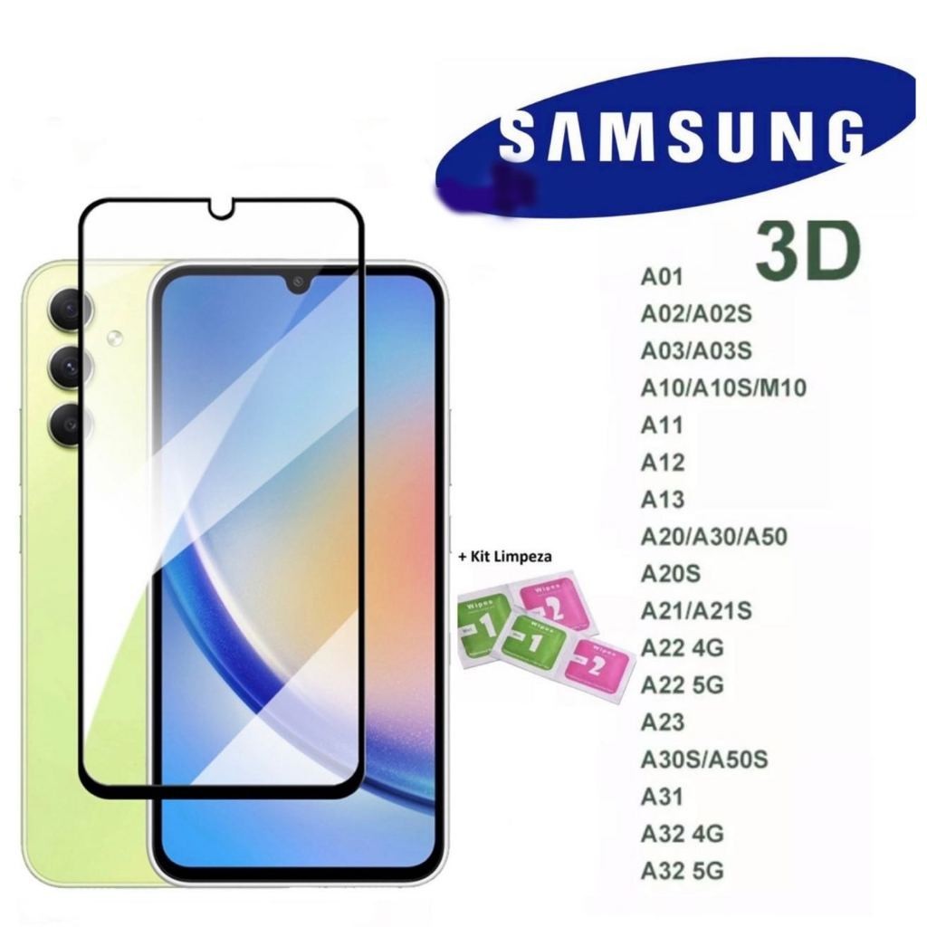 Película De Vidro 3d/9D Samsung (A01/A02/A03/A10/A11/A12/A22/A32/A52/A31/A13/A23/A33/A53)