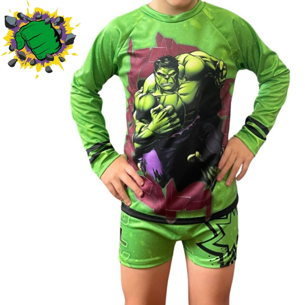 Fantasia Moda De Praia Hulk Menino Sunga e Camisa Com Proteção UV Solar Infantil