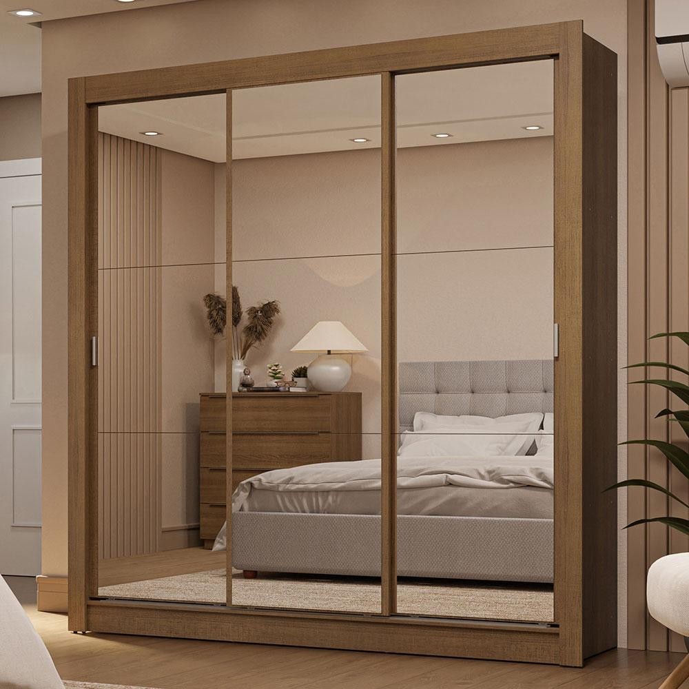 Guarda-Roupa Casal 3 Portas de Correr de Espelho 2 Gavetas Rustic Sublime Madesa - Home & Living