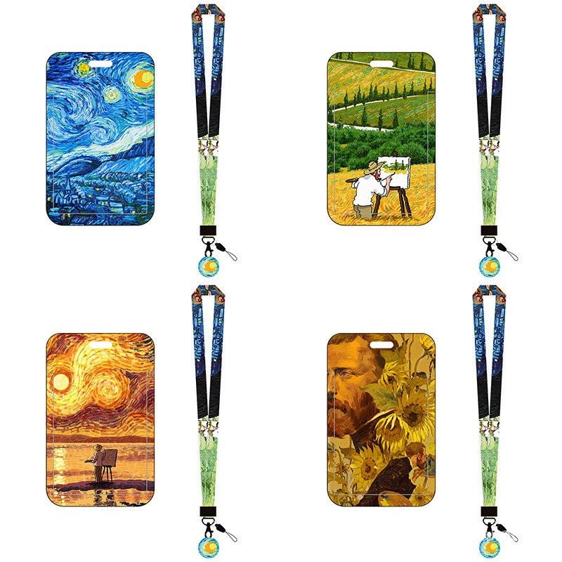 Van Gogh pintura a óleo cartão de arroz campus saco de cartão criativo corda de mão ônibus metrô fábrica de controle de acesso conjunto de chaveiro