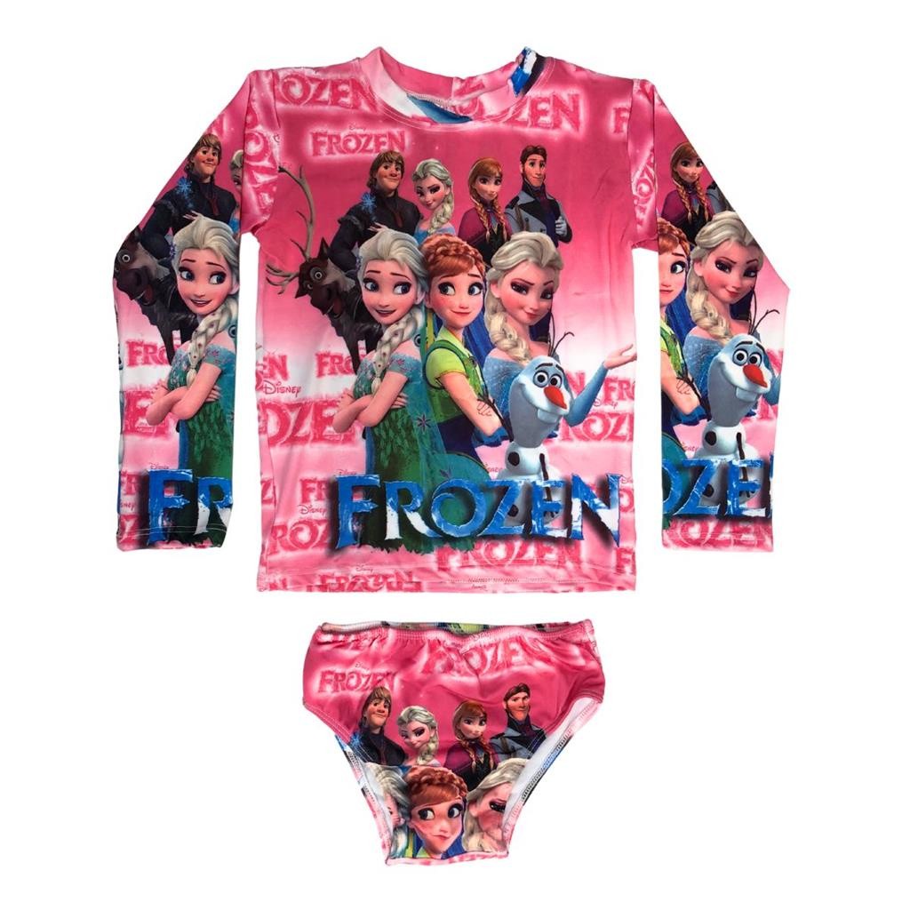 Conjunto de Praia Biquini Infantil com Blusa Protecao Solar UV 50+ Personagens