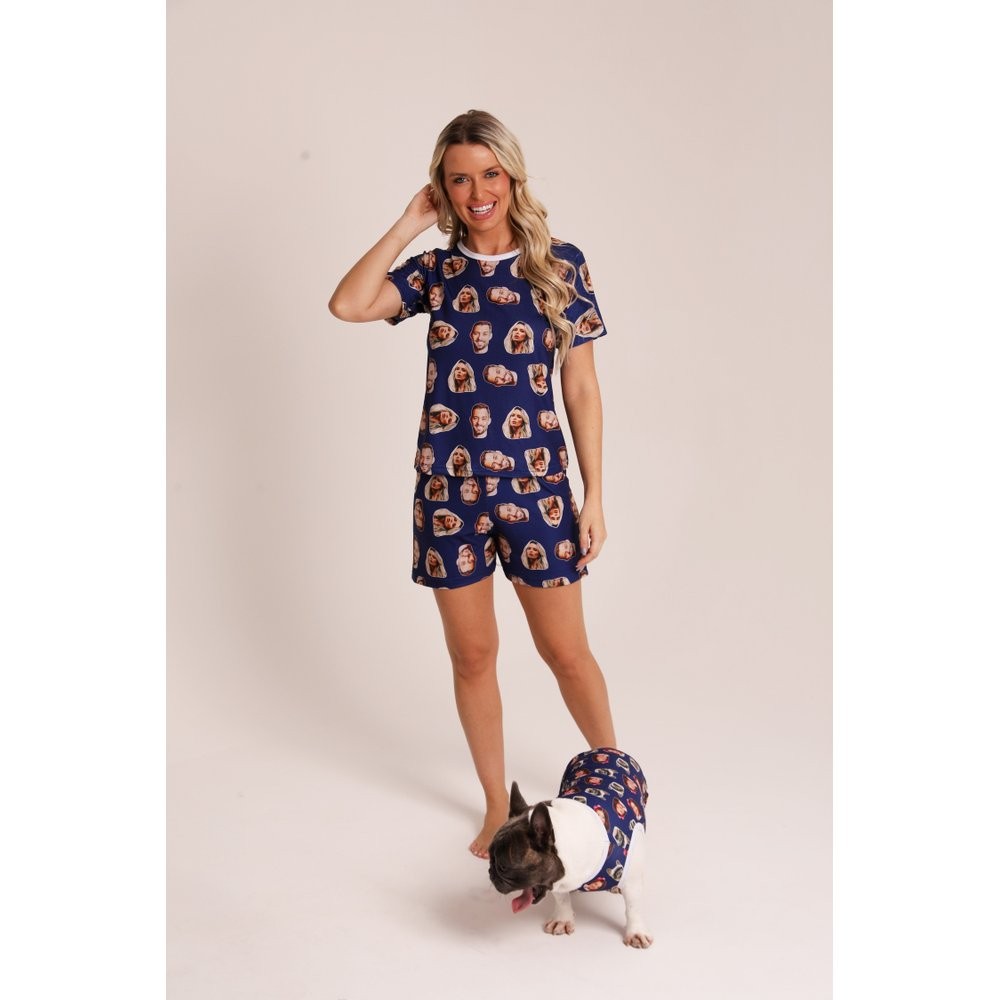 Conjunto Pijama Personalizado Kit Tal Mãe, Tal Pet - Pijama Feminino Curto e Roupinha para - Azul Marinho