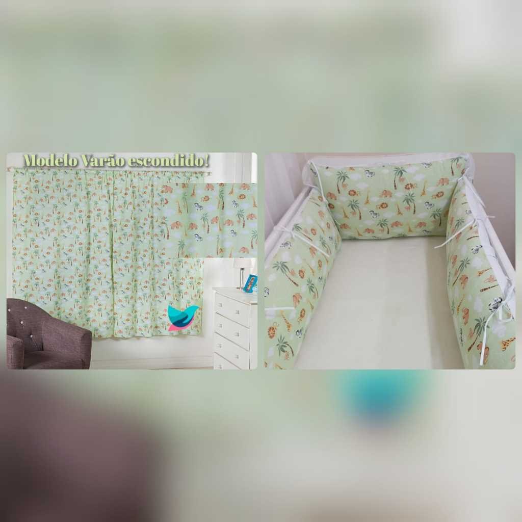Conjunto Cortina Quarto de Bebê + Protetores para Berço Padrao Americano 4 Peças bebe menina menino