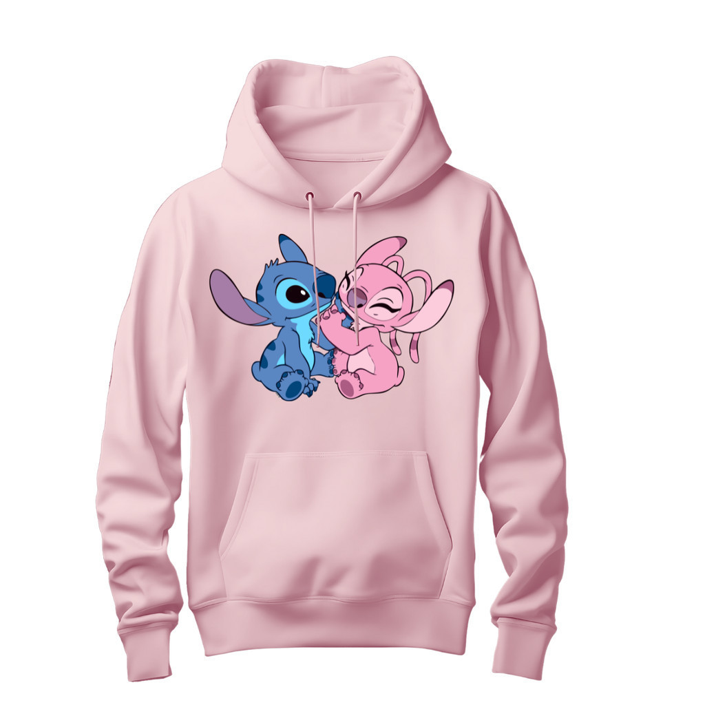 Blusa de Frio Moletom Unissex Estampado Lilo & Stitch Casal Lilo e Angel Fofos Namorados com Bolso e Capuz