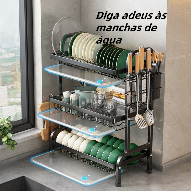 Escorredor Organizador de Louças 2 andar 3 andar Preto Aço Inoxidável Rack ES — foto 2