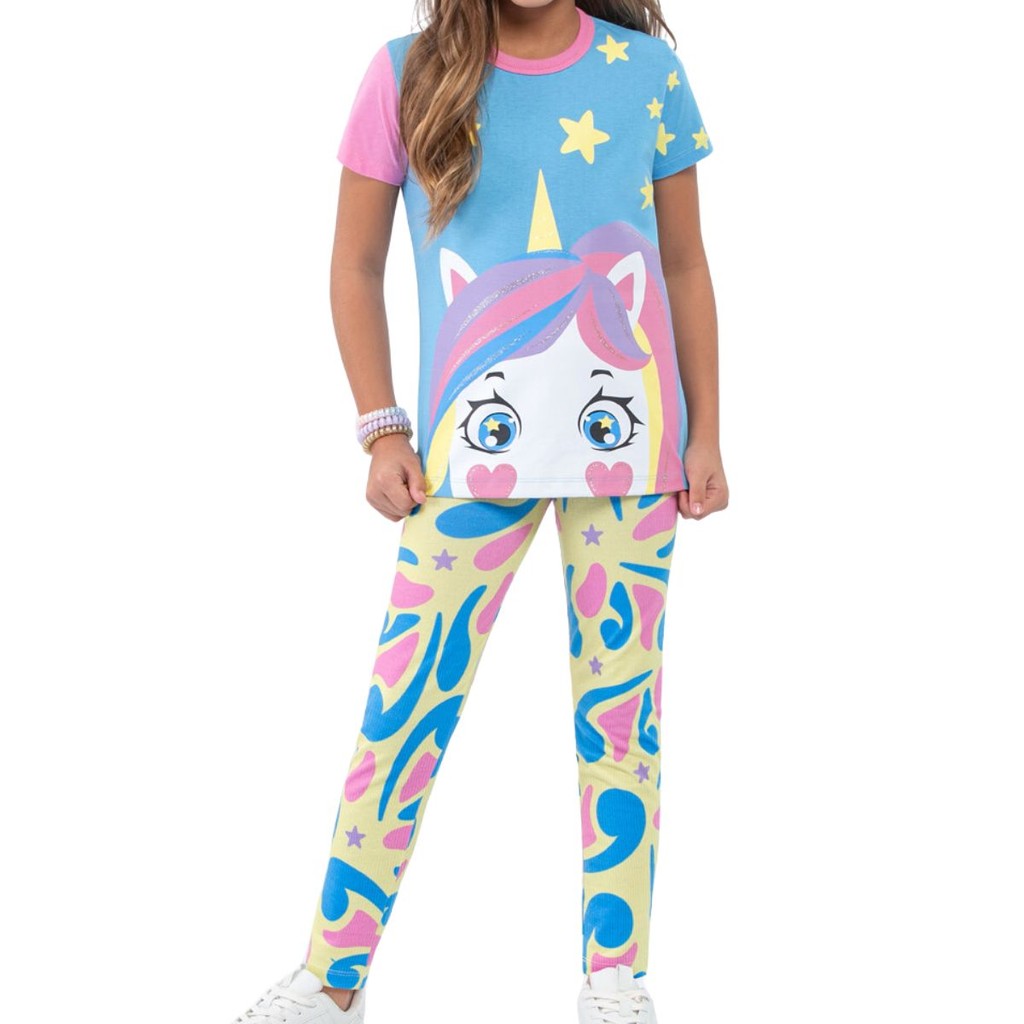 Pijama Infantil Veggi Meninas Manga Curta Algodao Calça Legging Unicornio Verao Calor Roupa de Dormir Confortavel Simples Feminino Presente Filha Sobrinha Neta Afilhada Macio Escola