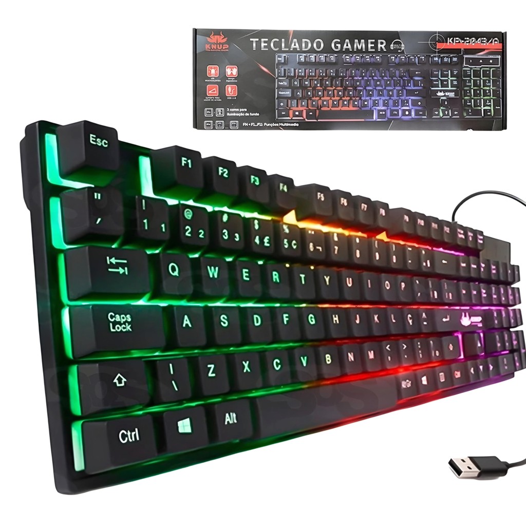 Teclado Gamer Multimídia Com Fio USB LED Multicolorido Knup KP-2043A