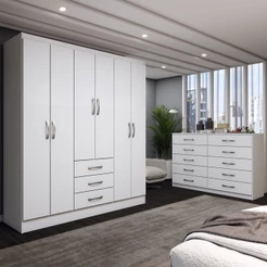Guarda-Roupa Casal Lydia 6 Portas 3 Gavetas com Cômoda 10 Gavetas Branco - Panorama Móveis