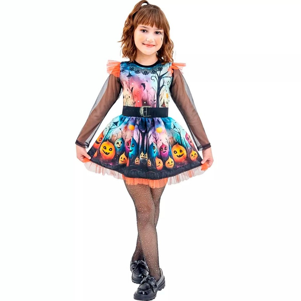 Fantasia Bruxa Halloween Infantil pra Menina Vestido Abobora com Manga Longa em Oferta na Shopee