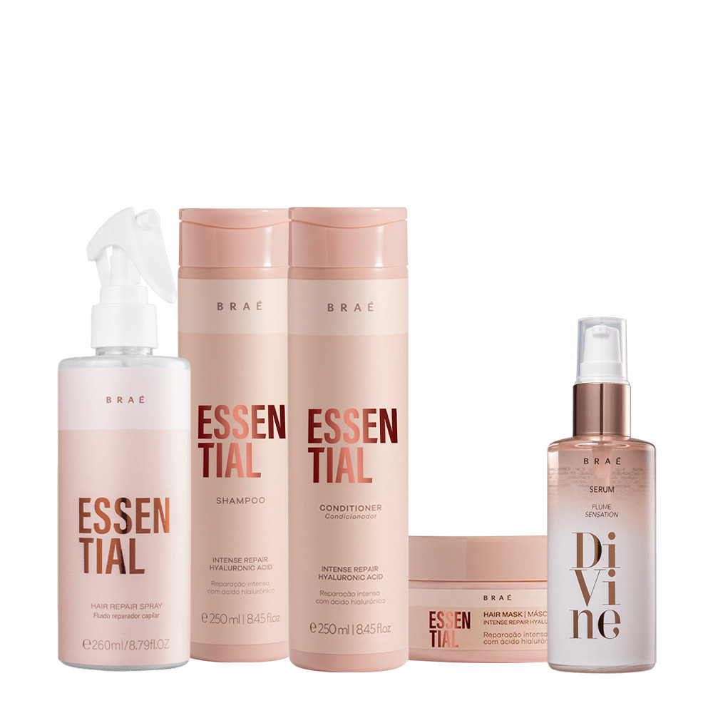Kit Braé Essential Shampoo Condicionador Hair Spray Máscara e Divine Plume Sérum Capilar (5 produtos) em Oferta na Shopee