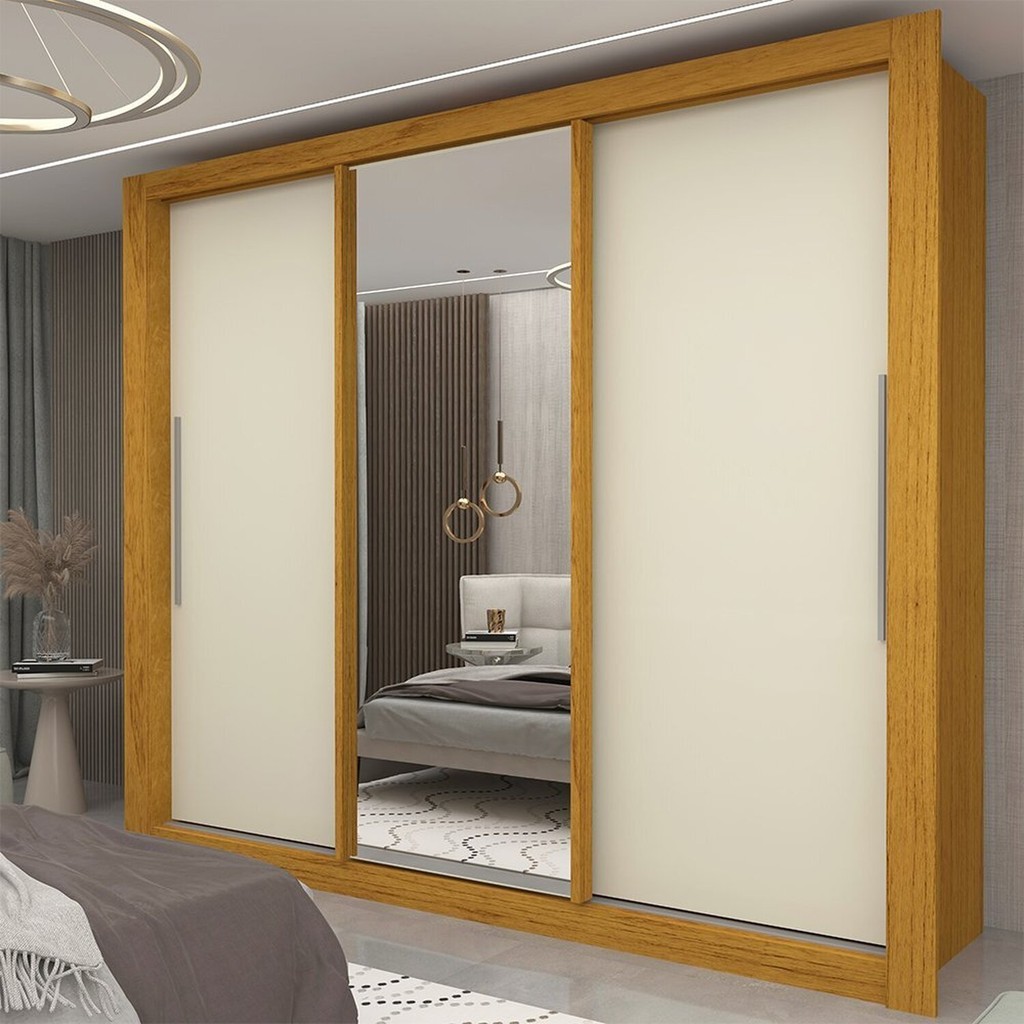 Guarda-roupa Casal 3 Portas 1 Porta Espelhada Milão Yescasa 100% MDF Naturale/Off White - Mom & Baby