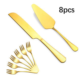 Conjunto De Talheres De Sobremesa Em Aço Inoxidável Dourado , 8 Peças , pizza , Pão , Bolo , Espátula , Garfo De Frutas em Oferta na Shopee