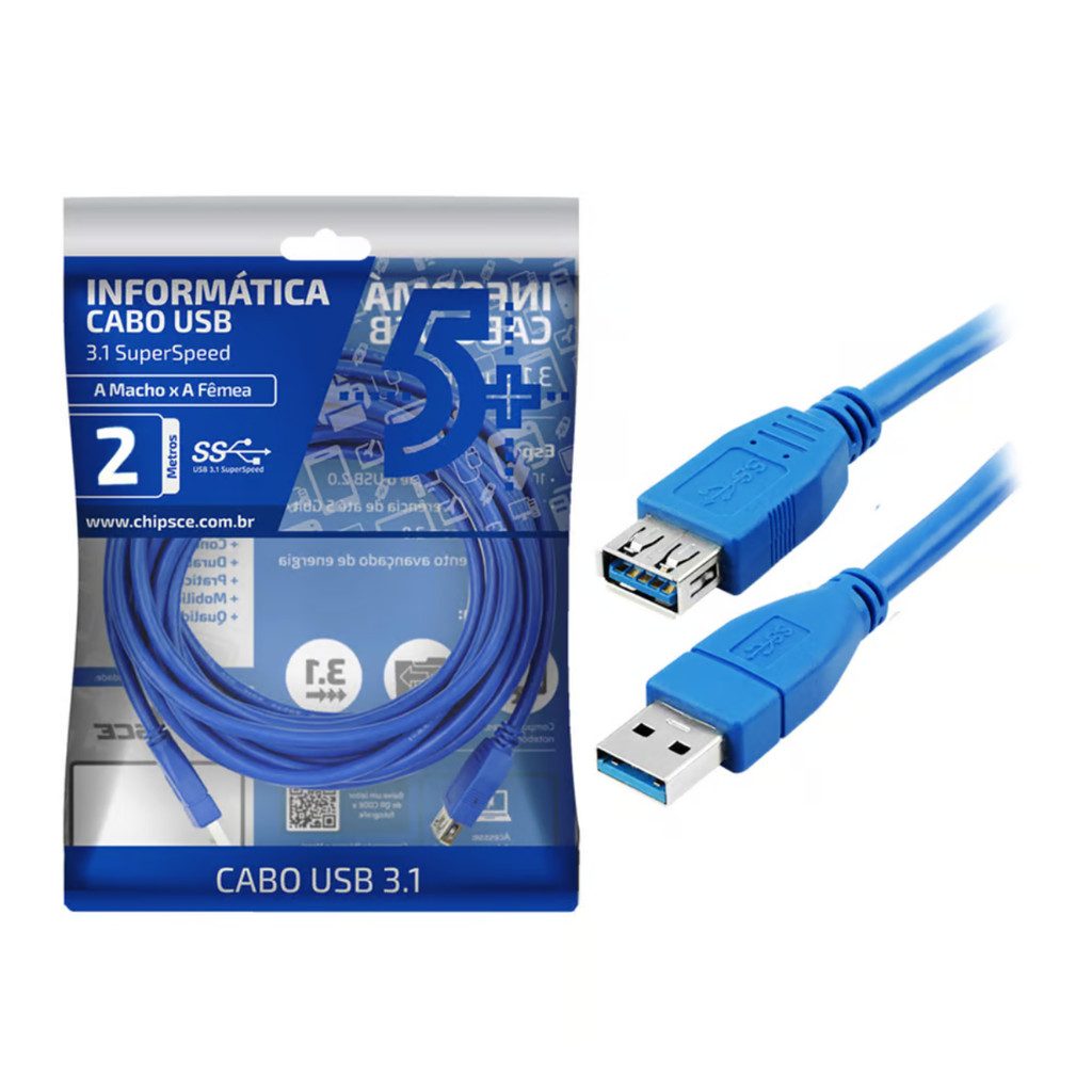 CABO USB 3.1 - USB A MACHO + USB A FEMEA 3.1 - 2M - AZUL