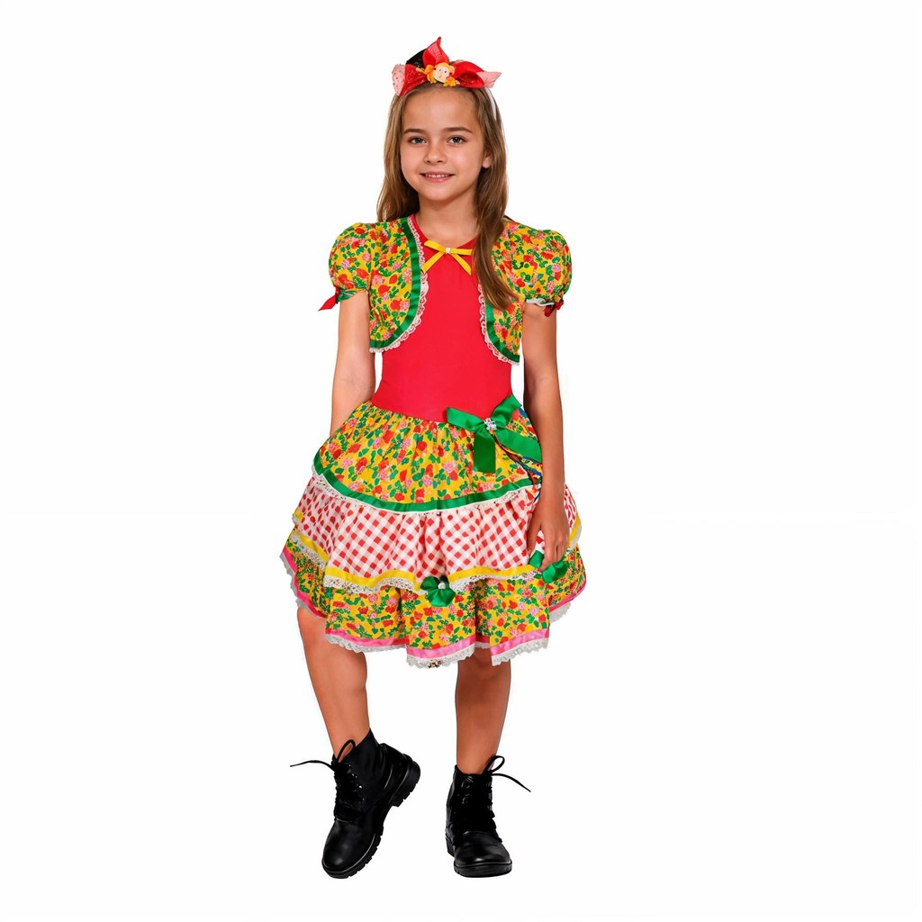 Vestido Infantil de Festa Junina pra Meninas Roupa Caipira de São João com Bolero e Saia Rodada