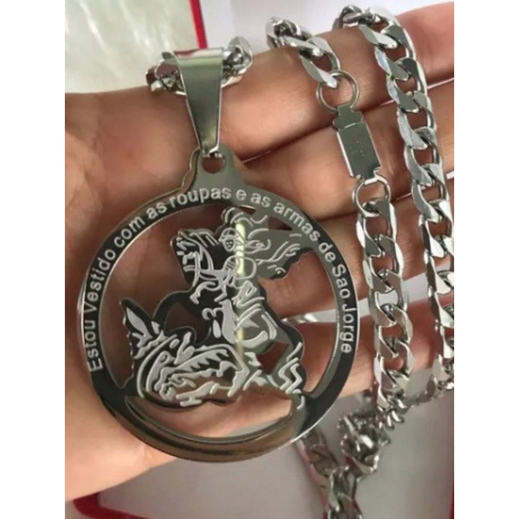 Pingente e Corrente  De São Jorge E Corrente Grossa E Comprida 70 cm 8 mm Aço Inox