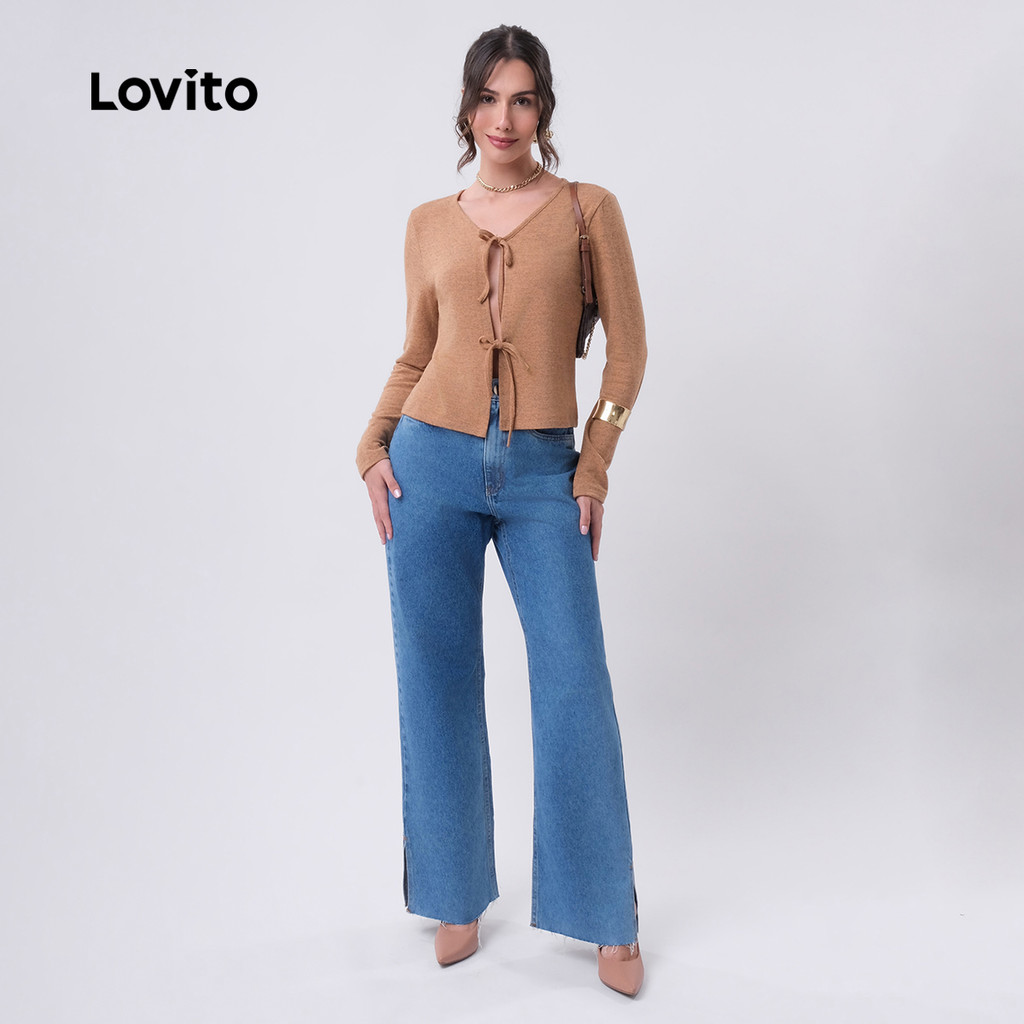 Detalhes do Lovito x Glenda Blusa Manga Longa com Laços Frontais de Amarração Moda Feminina LB464BRL493