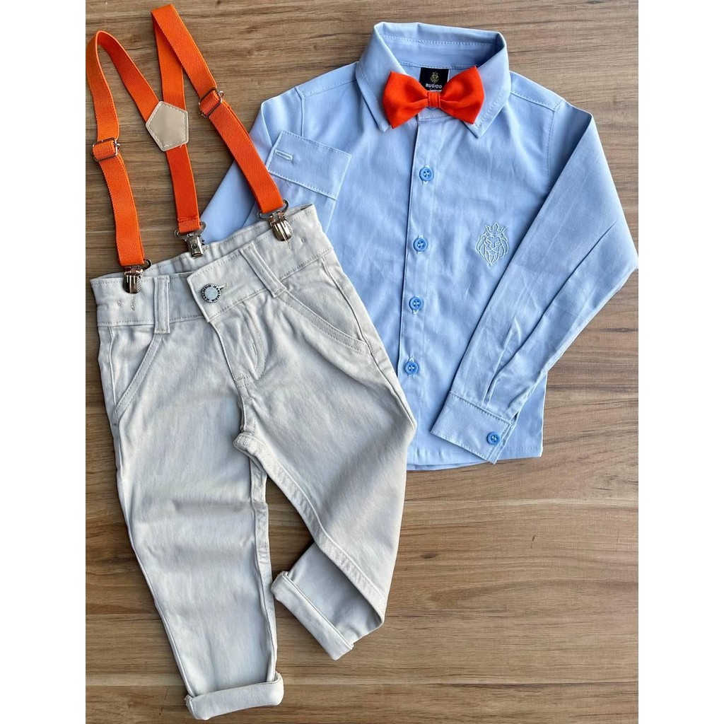Conjunto Roupa Social Camisa Azul Clara Calça Cinza Suspensorio Gravata Laranja Infantil