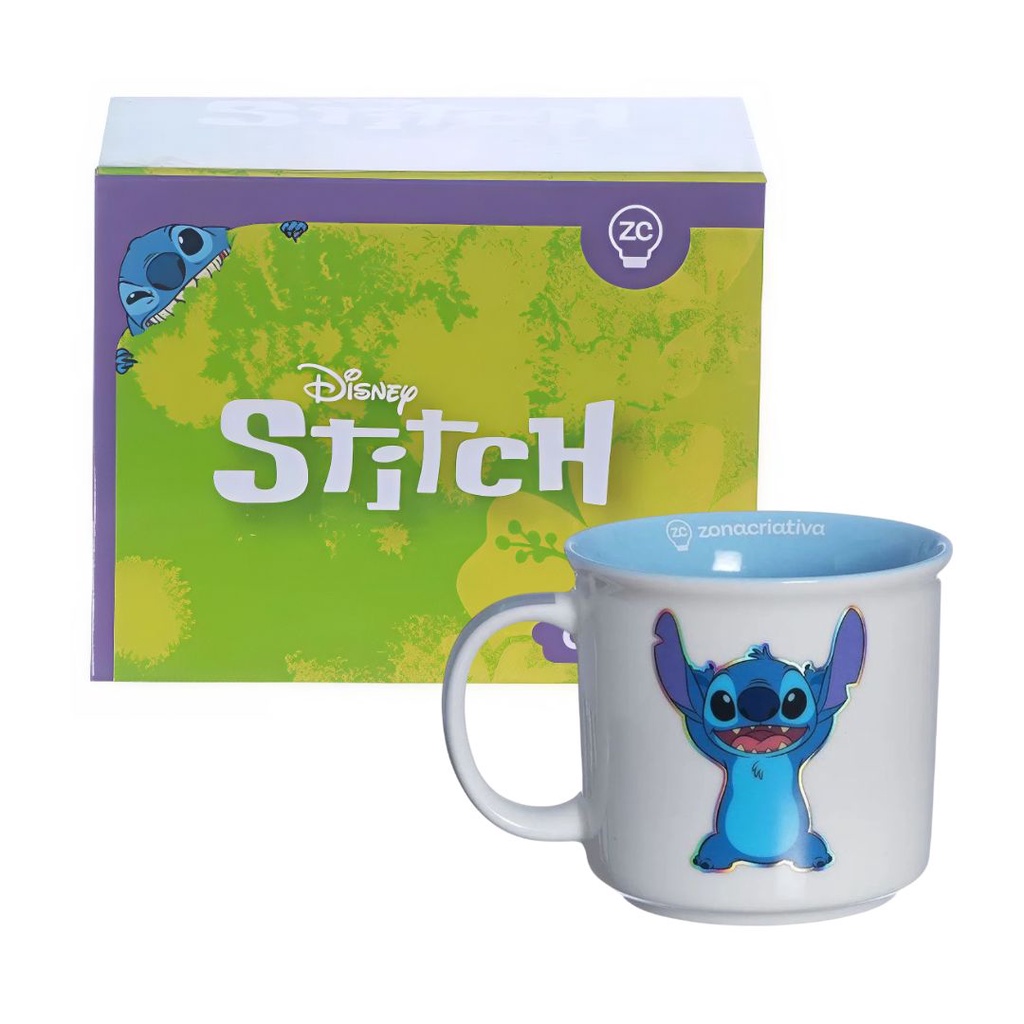 Caneca Stitch Cerâmica Holográfico 350ml Café Chá Leite Cute Presente Disney